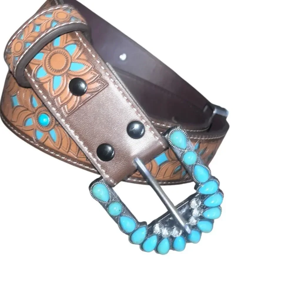 Topacc PU Leather Western Belt w/ Turquoise Floral Tooling Beaded Buckle